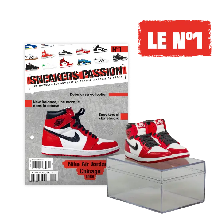 LE N°1 : Les Nike Air Jordan 1 Chicago + La boîte d’exposition empilable + Le fiches à collectionner 