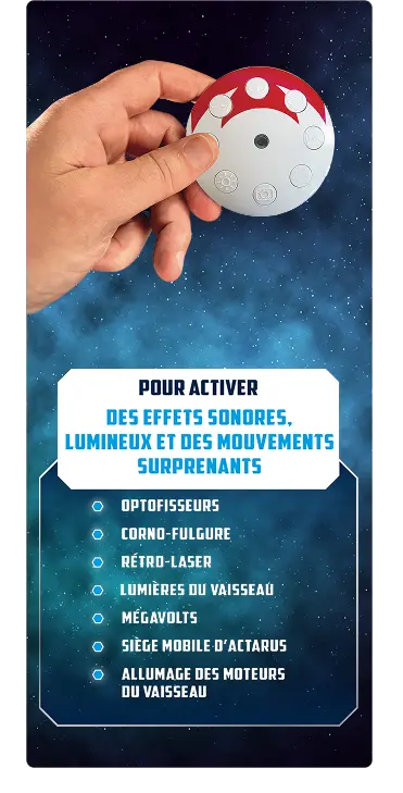 La télécommande sert à activer des effets sonores, lumineux et des mouvements surprenants
